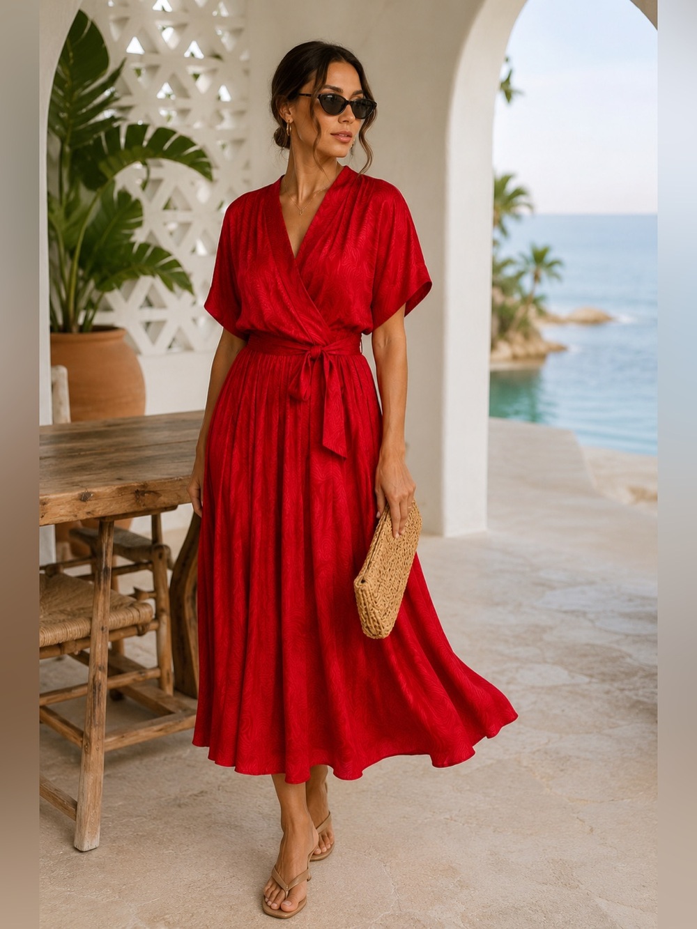 Argenti 100% Silk Jacquard Wrap Dress Red Pleated Midi Belted Size 8